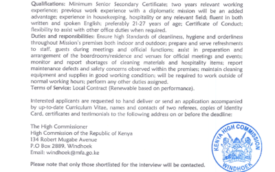 A formal vacancy announcement from the High Commission of the Republic of Kenya in Windhoek advertising one Cleaner position (KHCW/1/2026-2027). The post requires a minimum Senior Secondary Certificate and relevant experience, with specific duties including maintaining cleanliness, preparing refreshments for staff and guests, assisting with event setup, and reporting maintenance issues. Applications must be submitted by October 6th, 2026, to the High Commissioner at their Windhoek address or via email.